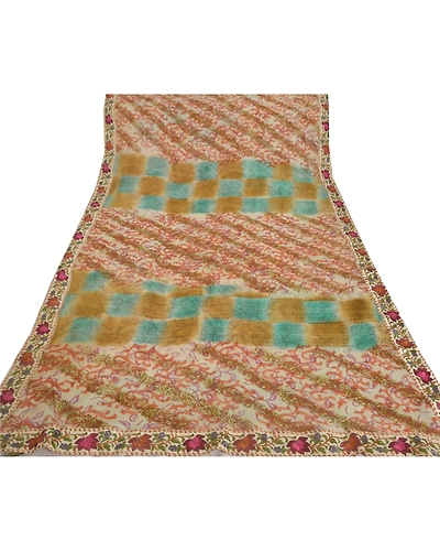 Sanskriti Vintage Cream Sarees Blend Georgette Embroidered Printed Fabric Sari, PS-51293-Cream-Thread Work-Blend Georgette-7