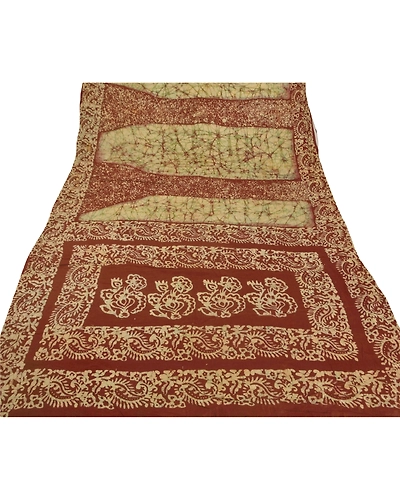 Sanskriti Vintage Cream Sarees Pure Cotton Batik Work Craft Fabric Premium Sari, PS-51360-Cream-Batik Work-100% Pure Cotton-7