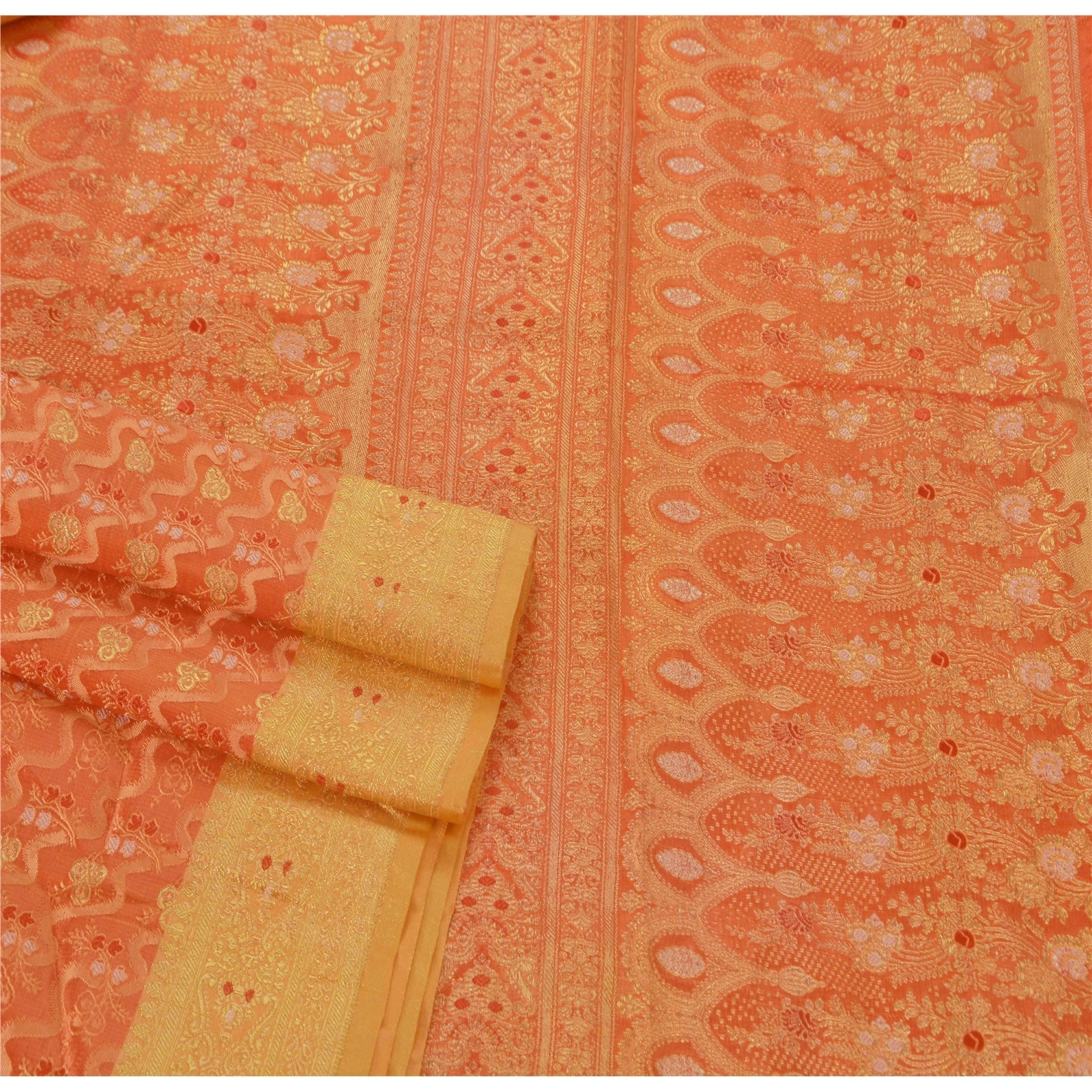 Sanskriti Vintage Orange Sarees Art Silk Woven Brocade Fabric Cultural 5 Yd Sari, PS-51365-Orange-Zari Work-Art Silk-2