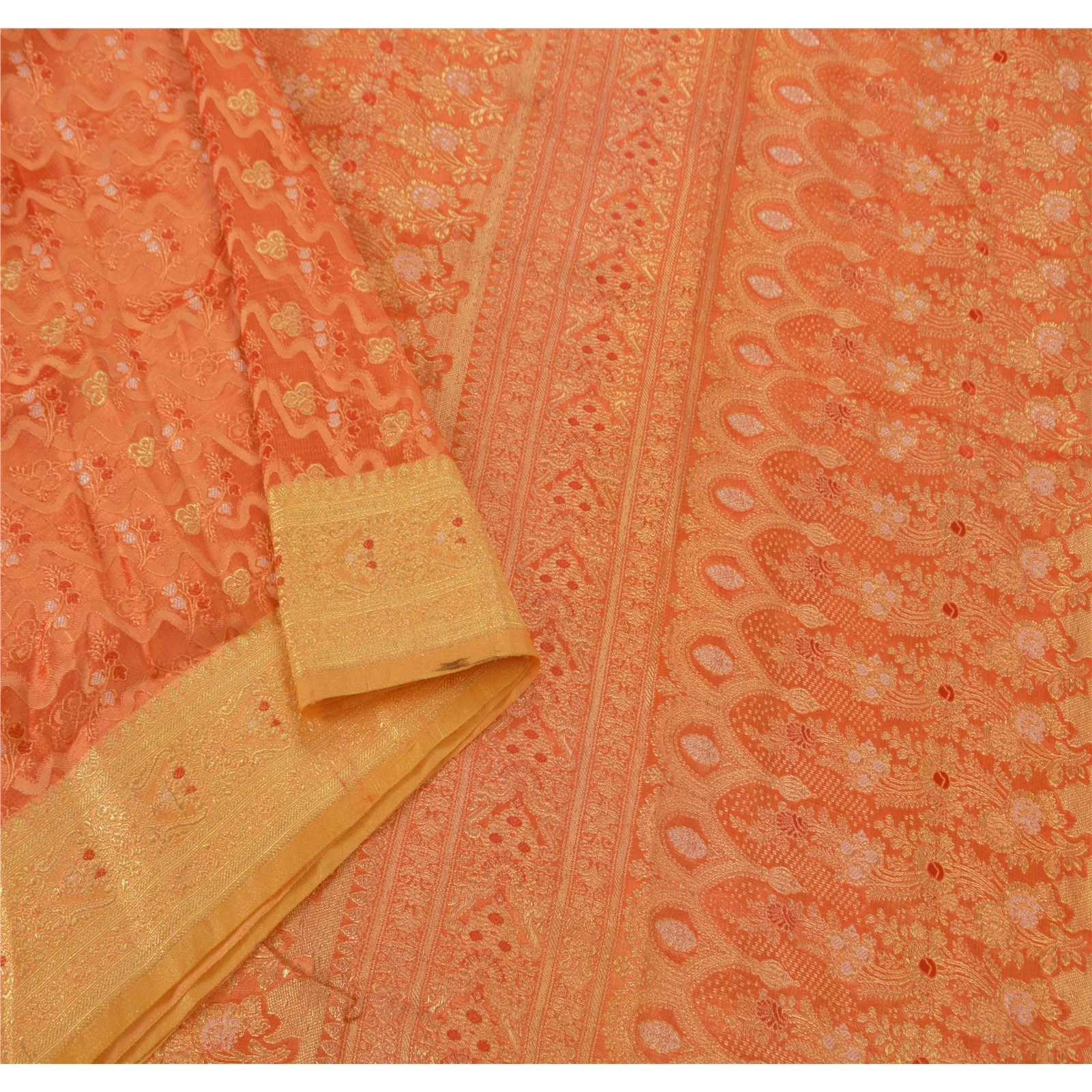 Sanskriti Vintage Orange Sarees Art Silk Woven Brocade Fabric Cultural 5 Yd Sari, PS-51365-Orange-Zari Work-Art Silk-3