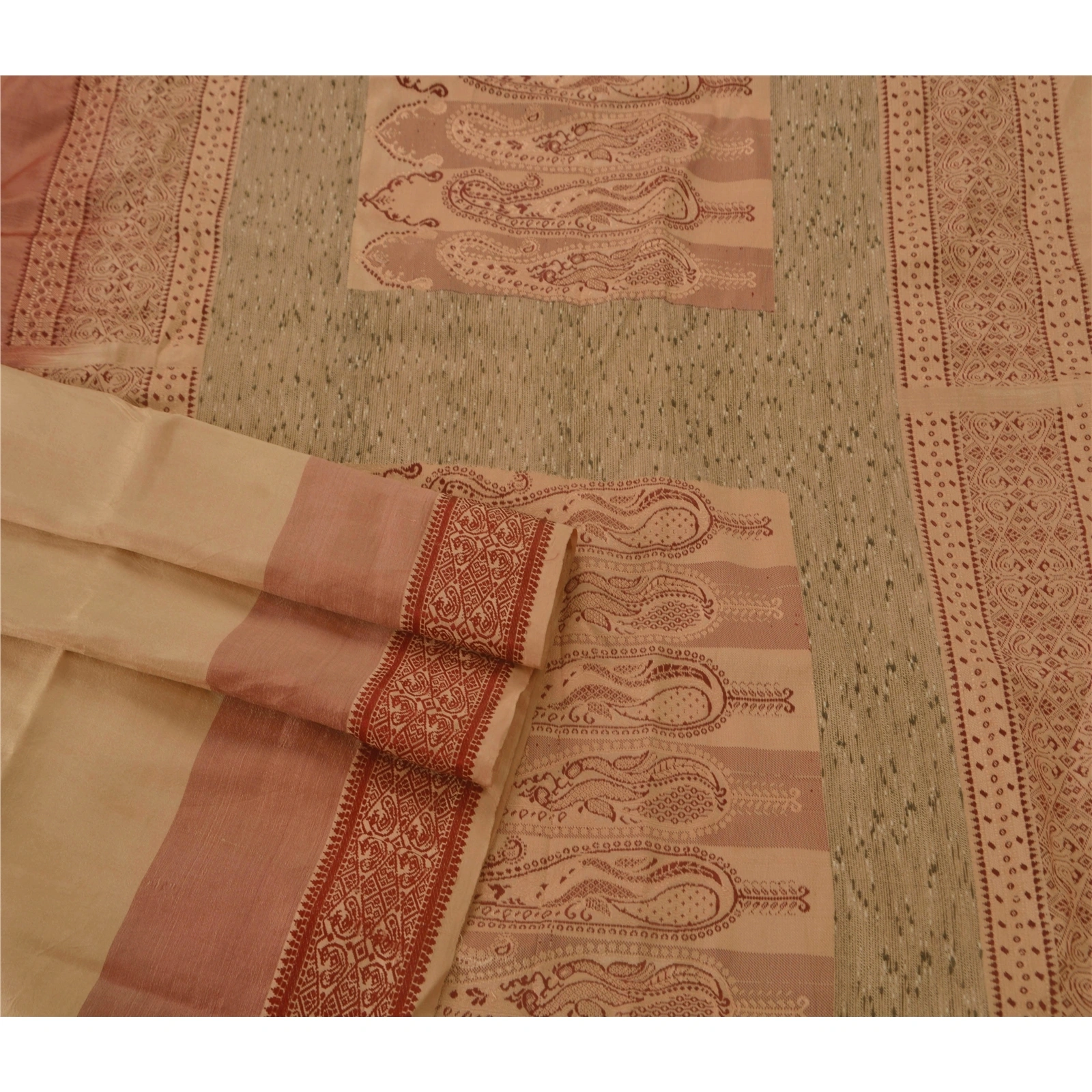 Sanskriti Vintage Cream Sarees Pure Silk Woven Craft Fabric Premium 5 Yard Sari, PS-51416-Cream-Thread Work-100% Pure Silk-2