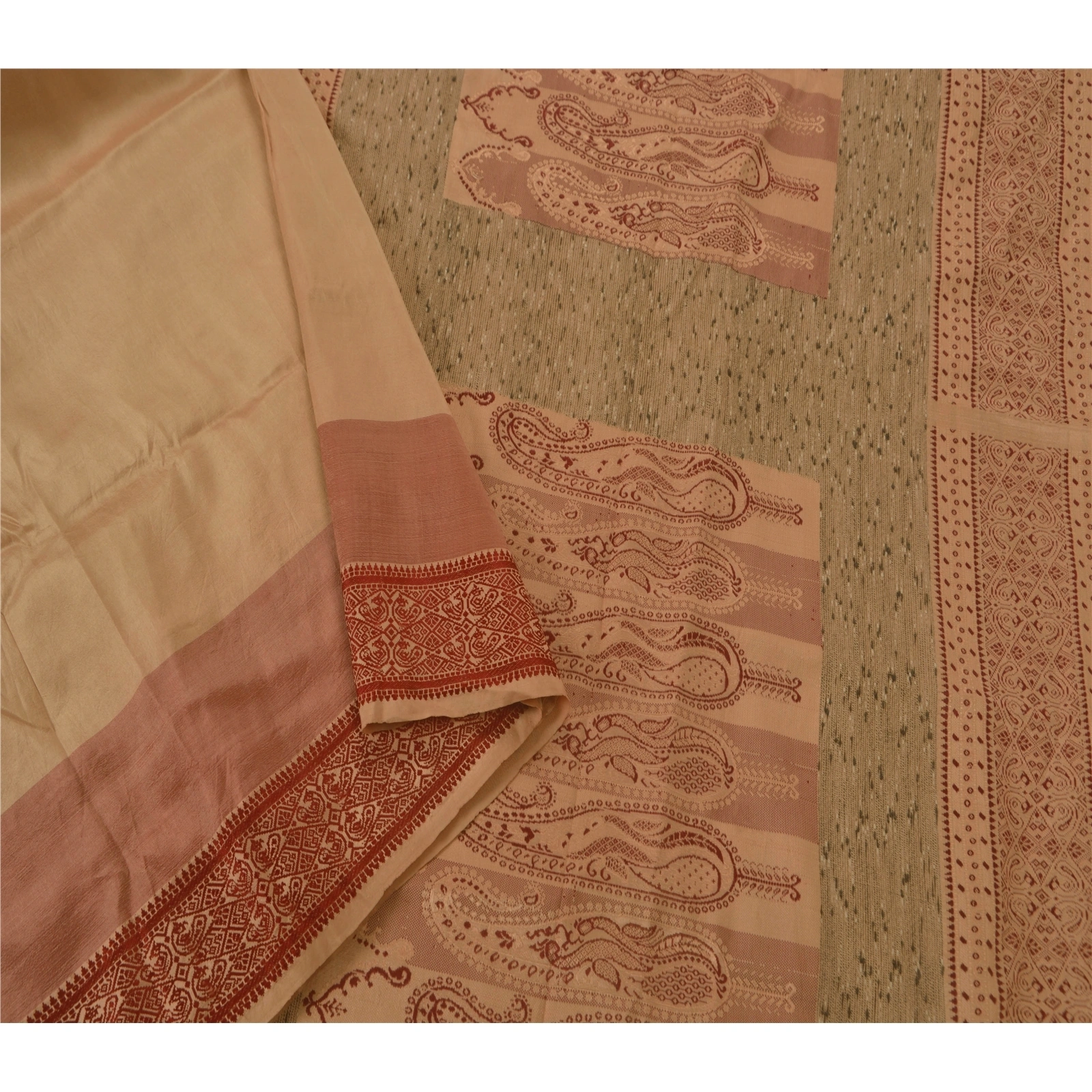 Sanskriti Vintage Cream Sarees Pure Silk Woven Craft Fabric Premium 5 Yard Sari, PS-51416-Cream-Thread Work-100% Pure Silk-3