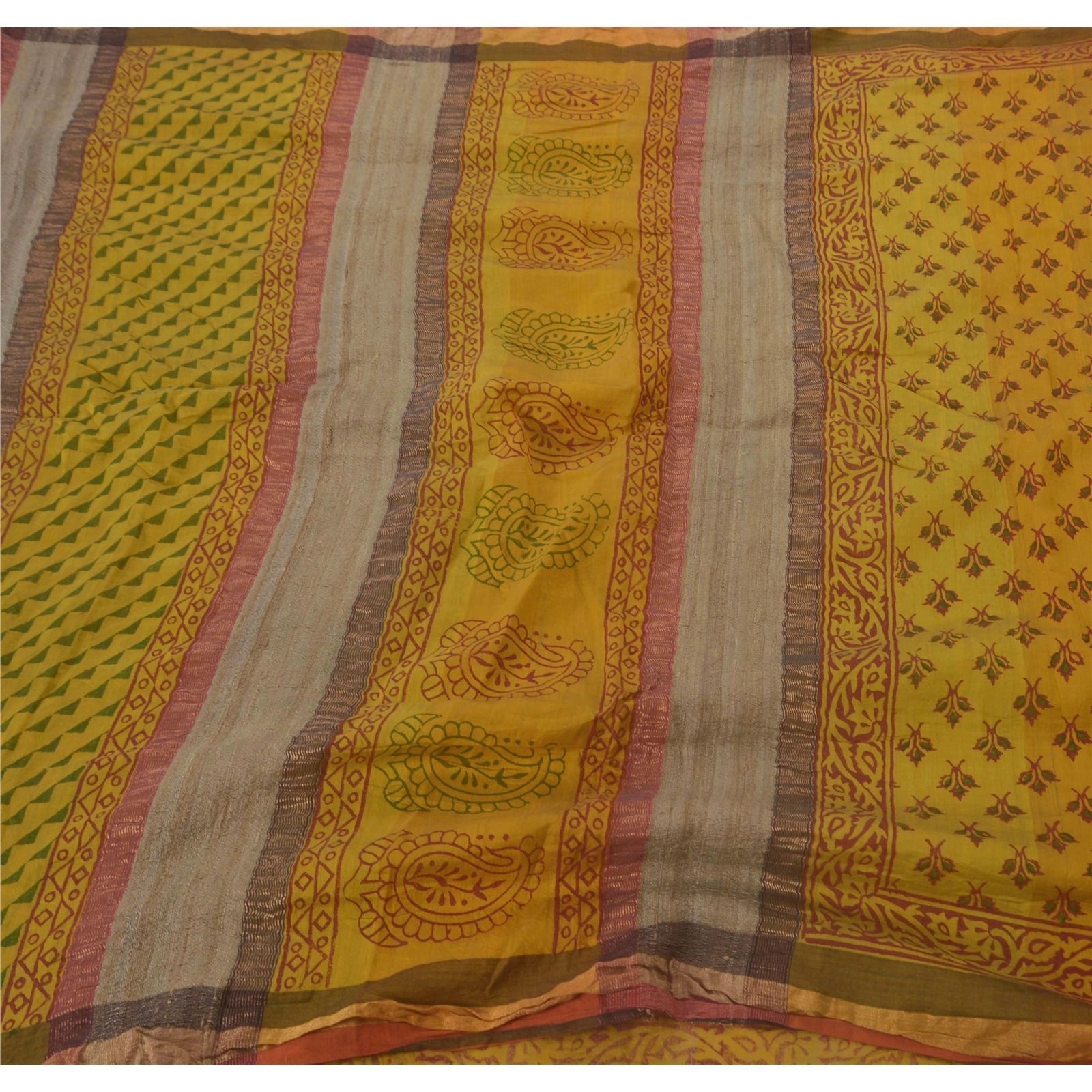 Sanskriti Vintage Sarees Pure Cotton Block Printed Woven Craft Fabric 5 Yd Sari, PS-51435-Mustard-Block Printing-100% Pure Cotton-1