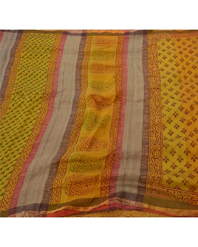Sanskriti Vintage Sarees Pure Cotton Block Printed Woven Craft Fabric 5 Yd Sari, PS-51435-Mustard-Block Printing-100% Pure Cotton-1