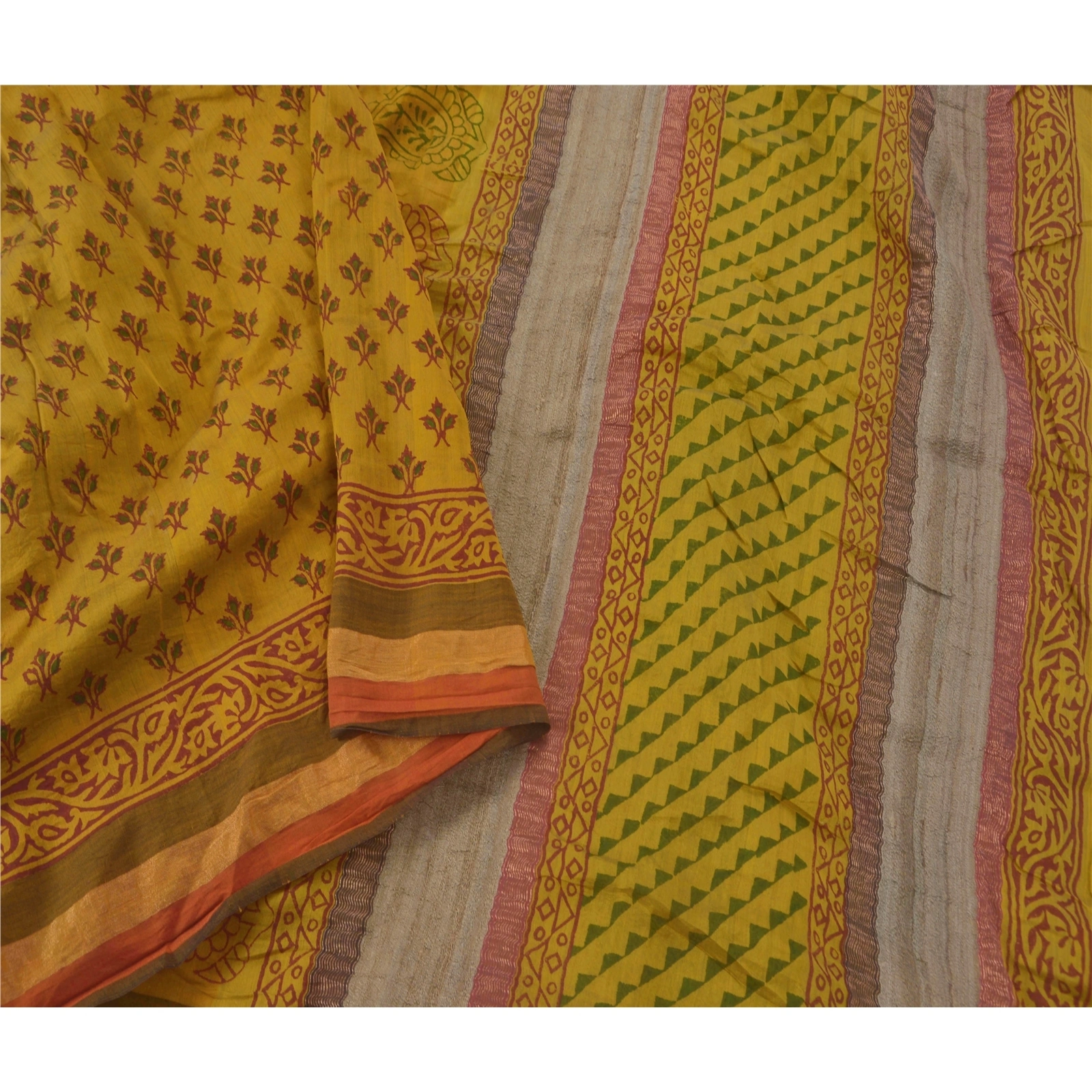 Sanskriti Vintage Sarees Pure Cotton Block Printed Woven Craft Fabric 5 Yd Sari, PS-51435-Mustard-Block Printing-100% Pure Cotton-2