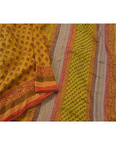 Sanskriti Vintage Sarees Pure Cotton Block Printed Woven Craft Fabric 5 Yd Sari, PS-51435-Mustard-Block Printing-100% Pure Cotton-2