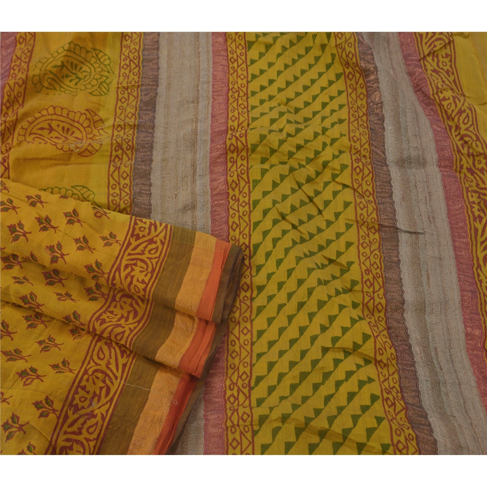 Sanskriti Vintage Sarees Pure Cotton Block Printed Woven Craft Fabric 5 Yd Sari, PS-51435-Mustard-Block Printing-100% Pure Cotton-3