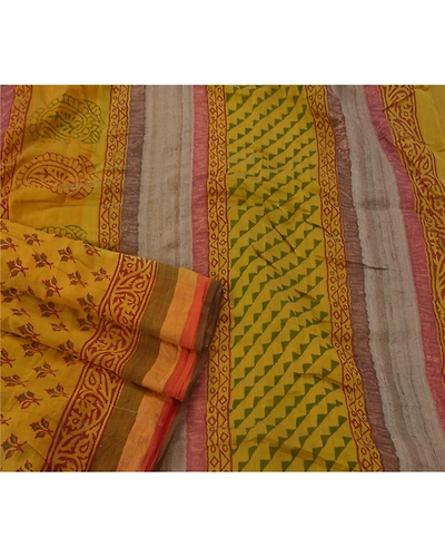 Sanskriti Vintage Sarees Pure Cotton Block Printed Woven Craft Fabric 5 Yd Sari, PS-51435-Mustard-Block Printing-100% Pure Cotton-3