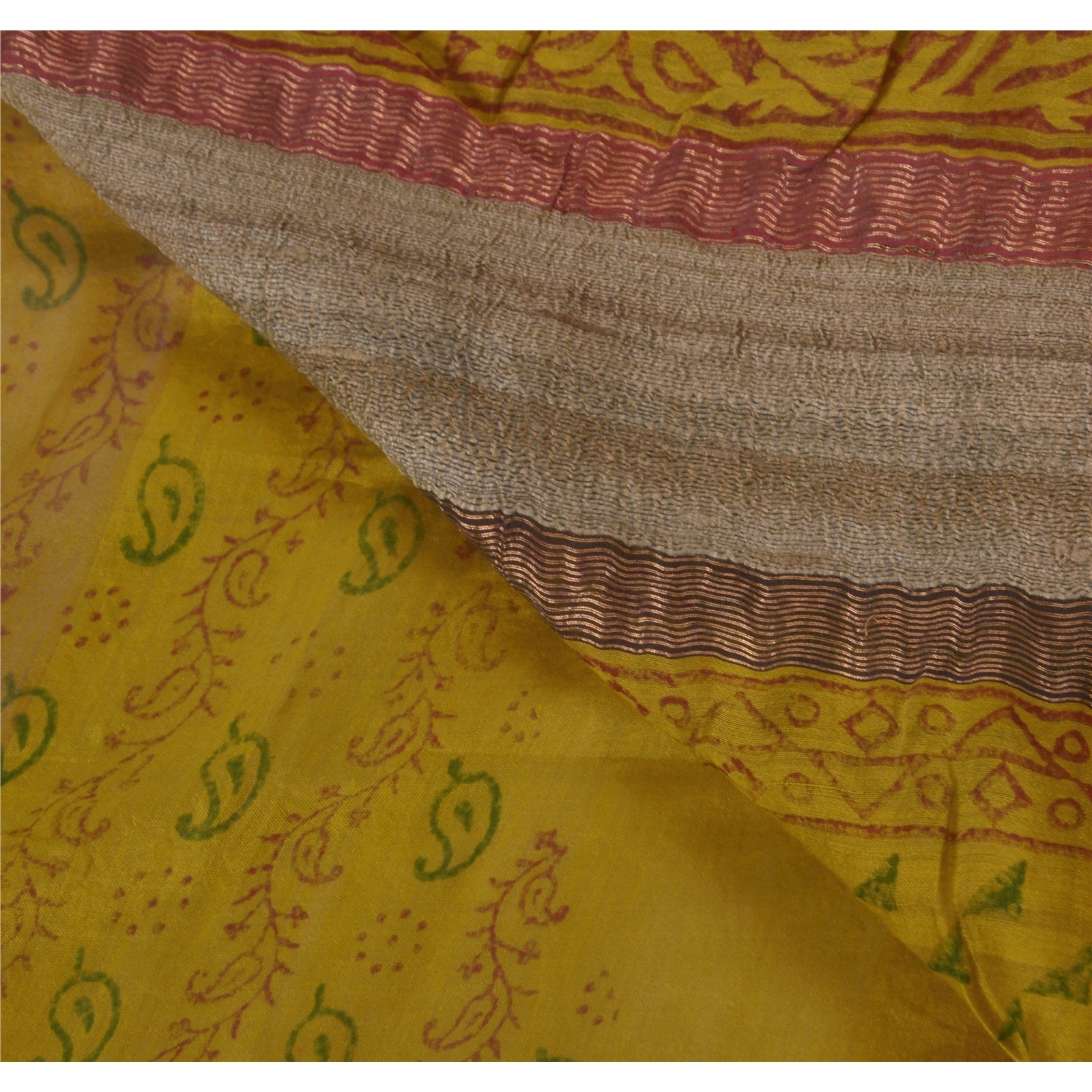 Sanskriti Vintage Sarees Pure Cotton Block Printed Woven Craft Fabric 5 Yd Sari, PS-51435-Mustard-Block Printing-100% Pure Cotton-4