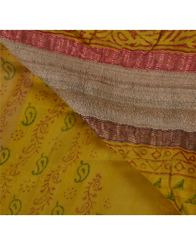 Sanskriti Vintage Sarees Pure Cotton Block Printed Woven Craft Fabric 5 Yd Sari, PS-51435-Mustard-Block Printing-100% Pure Cotton-4