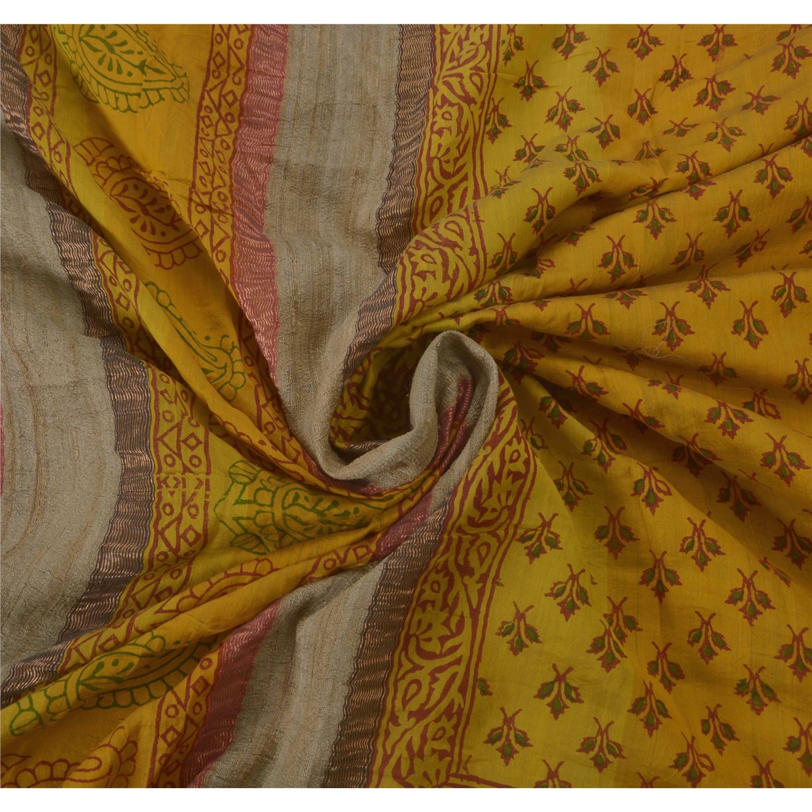 Sanskriti Vintage Sarees Pure Cotton Block Printed Woven Craft Fabric 5 Yd Sari, PS-51435-Mustard-Block Printing-100% Pure Cotton-6