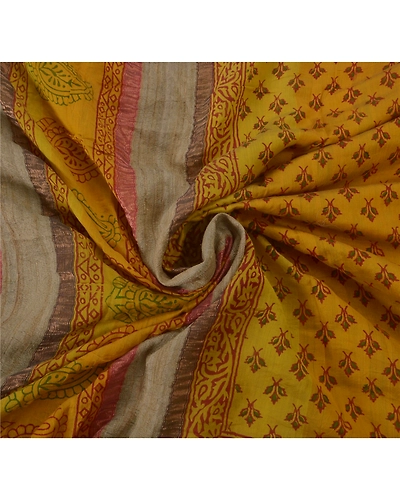 Sanskriti Vintage Sarees Pure Cotton Block Printed Woven Craft Fabric 5 Yd Sari, PS-51435-Mustard-Block Printing-100% Pure Cotton-6