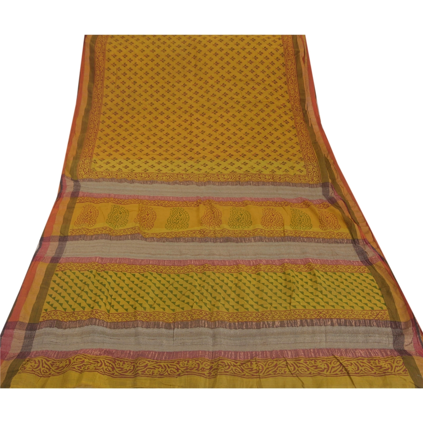 Sanskriti Vintage Sarees Pure Cotton Block Printed Woven Craft Fabric 5 Yd Sari, PS-51435-Mustard-Block Printing-100% Pure Cotton-7