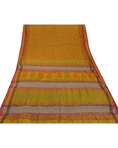 Sanskriti Vintage Sarees Pure Cotton Block Printed Woven Craft Fabric 5 Yd Sari, PS-51435-Mustard-Block Printing-100% Pure Cotton-7