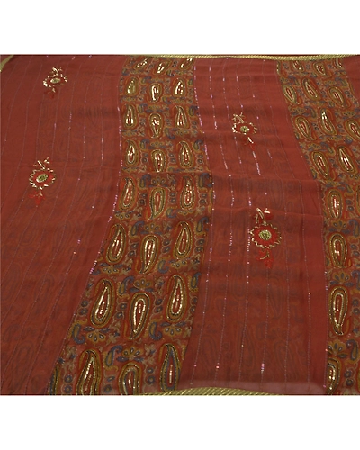 Sanskriti Vintage Orange Sarees Blend Georgette Hand Beaded Fabric Ethnic Sari, PS-51540-Orange-Sequins/Glass Beads-Blend Georgette-1