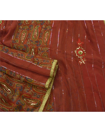 Sanskriti Vintage Orange Sarees Blend Georgette Hand Beaded Fabric Ethnic Sari, PS-51540-Orange-Sequins/Glass Beads-Blend Georgette-2
