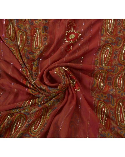 Sanskriti Vintage Orange Sarees Blend Georgette Hand Beaded Fabric Ethnic Sari, PS-51540-Orange-Sequins/Glass Beads-Blend Georgette-6