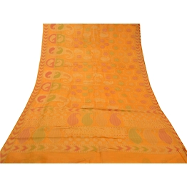 Sanskriti Vintage Saffron Indian Sarees Pure Silk Hand-Woven Craft Sari Fabric, PS-58403
