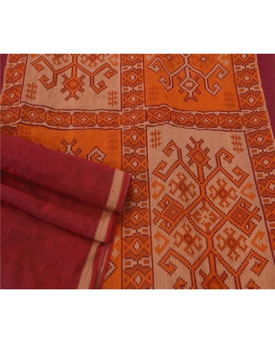 Sanskriti Vintage Dark Red Sarees Blend Cotton Woven Craft Fabric Premium Sari, PS-51567-Dark Red-Woven Work-Blend Cotton-2