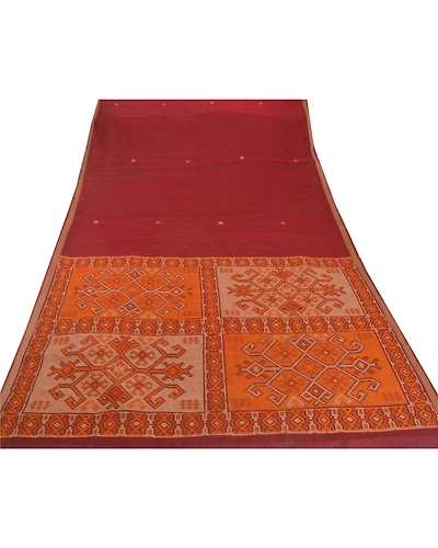 Sanskriti Vintage Dark Red Sarees Blend Cotton Woven Craft Fabric Premium Sari, PS-51567-Dark Red-Woven Work-Blend Cotton-7