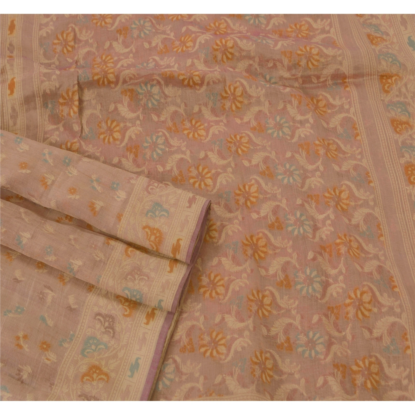 Sanskriti Vintage Peach Sarees 100% Pure Cotton Woven Craft Fabric Premium Sari, PS-51602-Peach-Woven Work-100% Pure Cotton-2