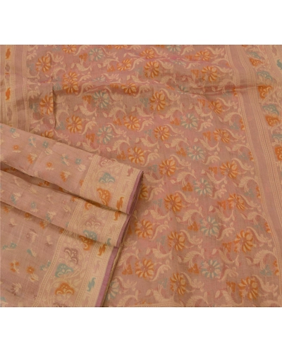 Sanskriti Vintage Peach Sarees 100% Pure Cotton Woven Craft Fabric Premium Sari, PS-51602-Peach-Woven Work-100% Pure Cotton-2
