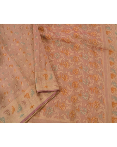 Sanskriti Vintage Peach Sarees 100% Pure Cotton Woven Craft Fabric Premium Sari, PS-51602-Peach-Woven Work-100% Pure Cotton-3