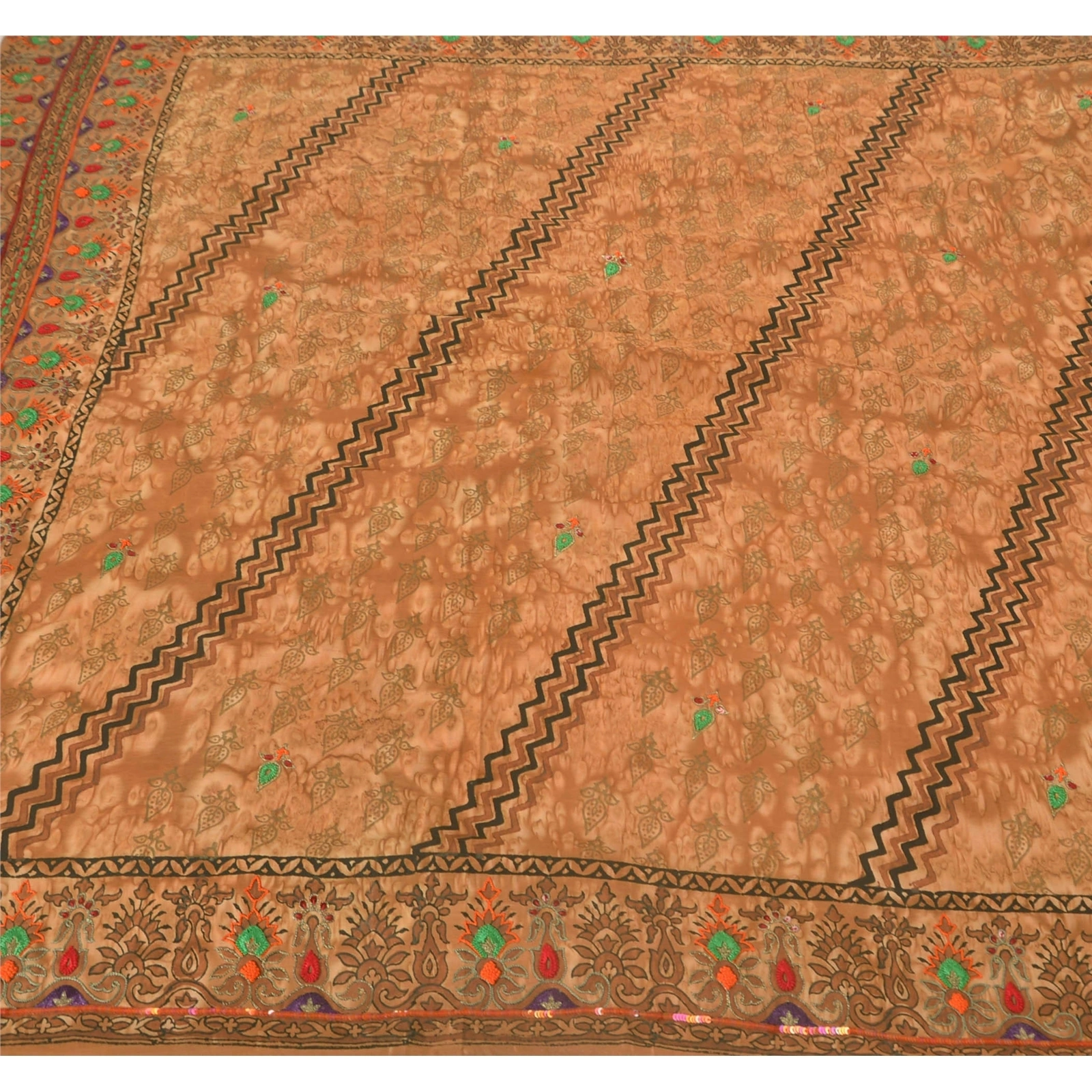 Sanskriti Vintage Brown Sarees Pure Silk Hand Beaded Fabric Craft Premium Sari, PS-51652-Brown-Thread Work-100% Pure Silk-1