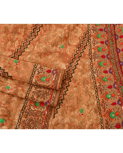Sanskriti Vintage Brown Sarees Pure Silk Hand Beaded Fabric Craft Premium Sari, PS-51652-Brown-Thread Work-100% Pure Silk-2