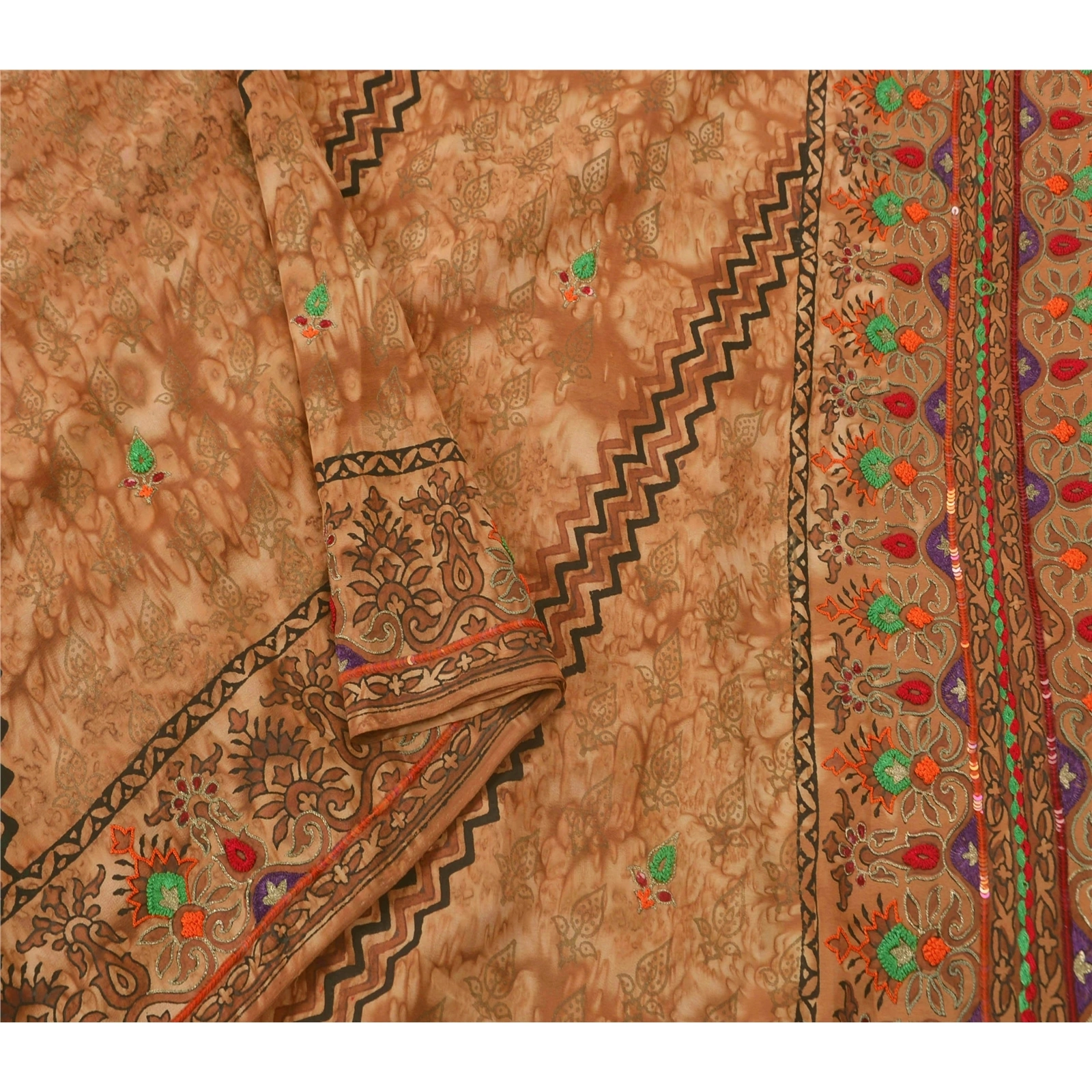 Sanskriti Vintage Brown Sarees Pure Silk Hand Beaded Fabric Craft Premium Sari, PS-51652-Brown-Thread Work-100% Pure Silk-3