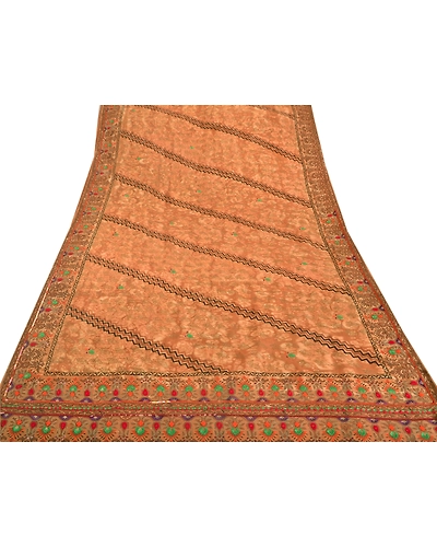 Sanskriti Vintage Brown Sarees Pure Silk Hand Beaded Fabric Craft Premium Sari, PS-51652-Brown-Thread Work-100% Pure Silk-7