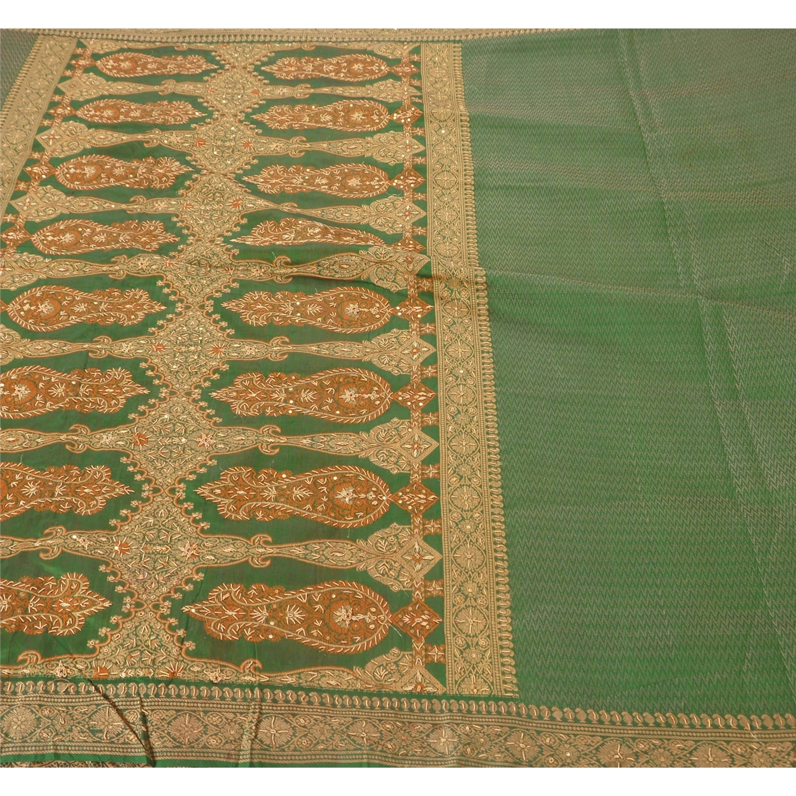 Sanskriti Vintage Green Sarees Blend Cotton Woven Hand Beaded Craft Fabric Sari, PS-51732-Green-Woven/Zardozi Work-Blend Cotton-1