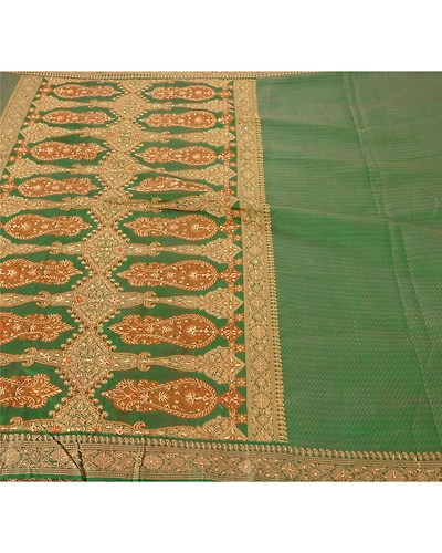 Sanskriti Vintage Green Sarees Blend Cotton Woven Hand Beaded Craft Fabric Sari, PS-51732-Green-Woven/Zardozi Work-Blend Cotton-1