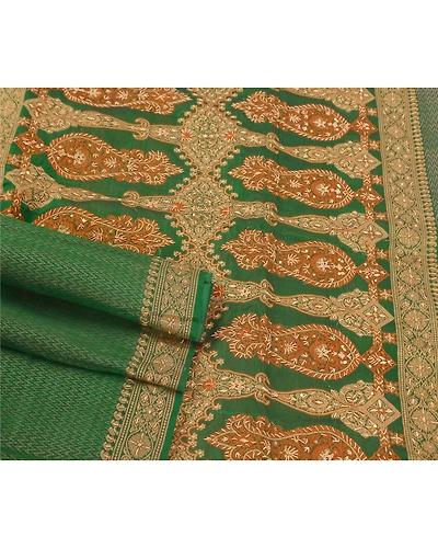 Sanskriti Vintage Green Sarees Blend Cotton Woven Hand Beaded Craft Fabric Sari, PS-51732-Green-Woven/Zardozi Work-Blend Cotton-2