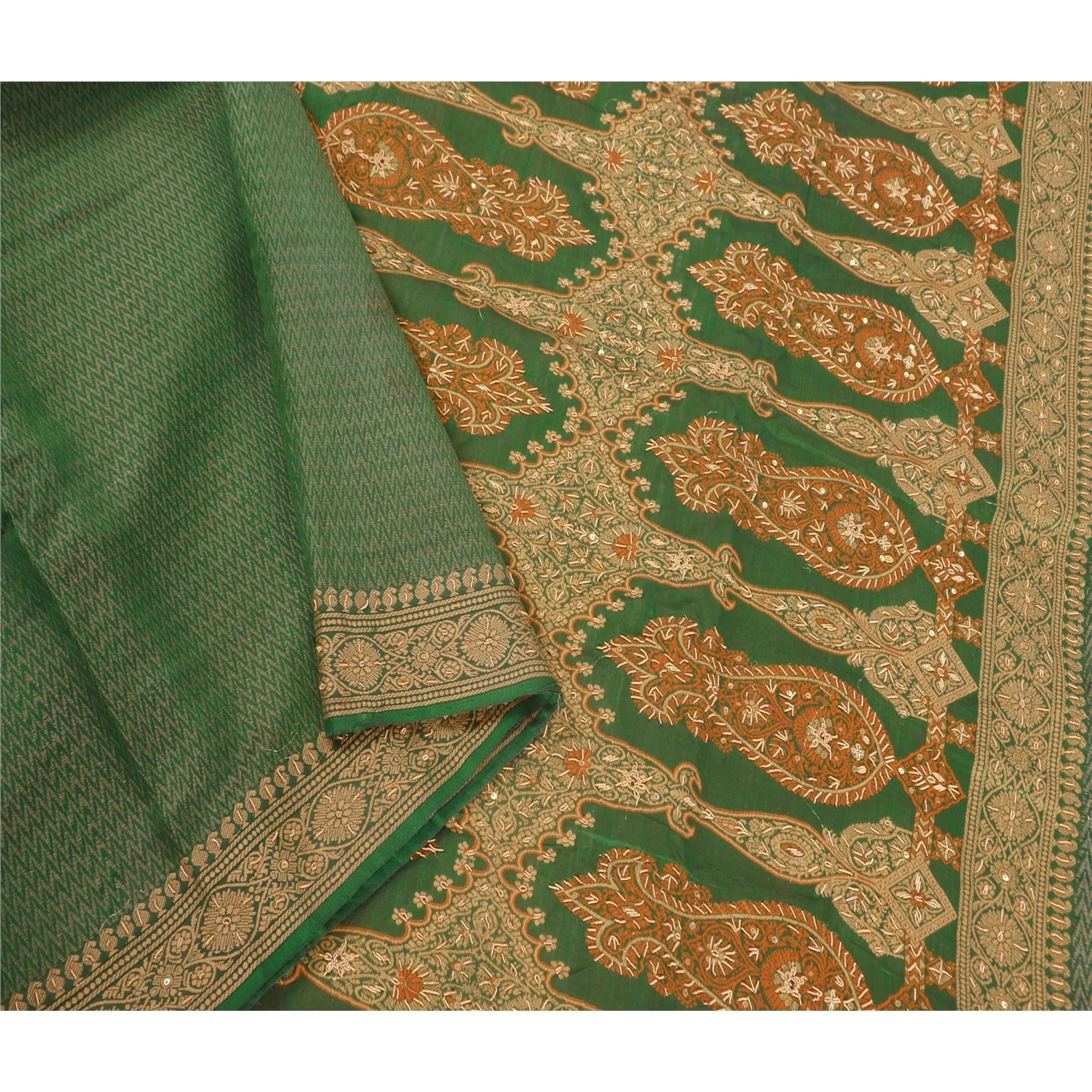 Sanskriti Vintage Green Sarees Blend Cotton Woven Hand Beaded Craft Fabric Sari, PS-51732-Green-Woven/Zardozi Work-Blend Cotton-3