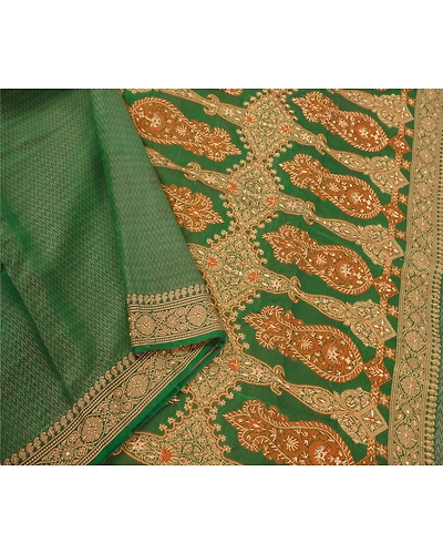 Sanskriti Vintage Green Sarees Blend Cotton Woven Hand Beaded Craft Fabric Sari, PS-51732-Green-Woven/Zardozi Work-Blend Cotton-3
