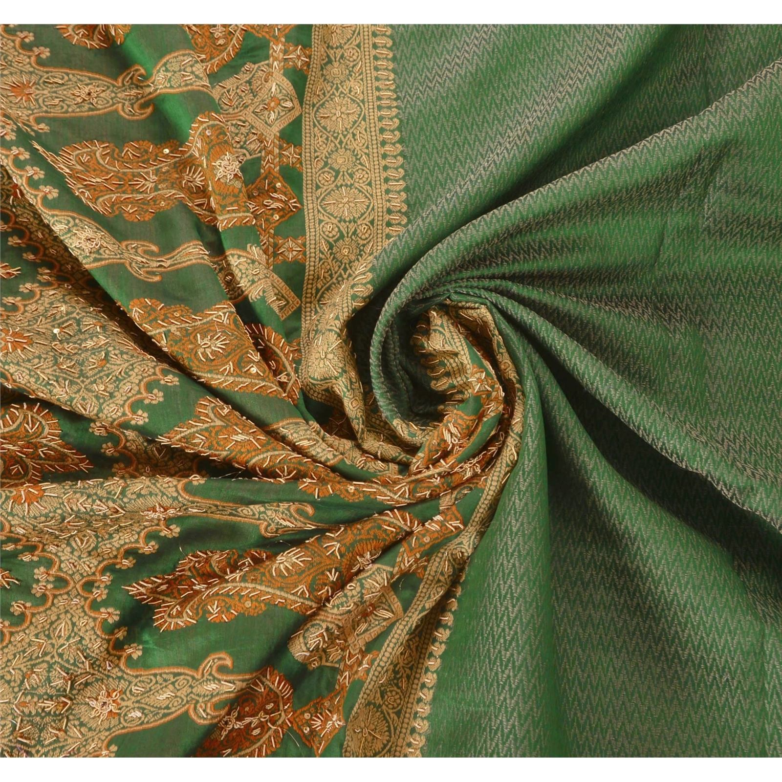 Sanskriti Vintage Green Sarees Blend Cotton Woven Hand Beaded Craft Fabric Sari, PS-51732-Green-Woven/Zardozi Work-Blend Cotton-6