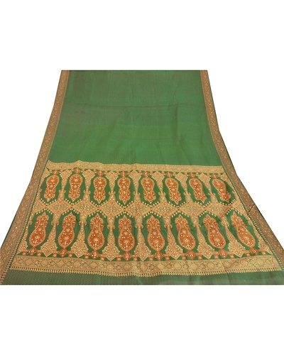 Sanskriti Vintage Green Sarees Blend Cotton Woven Hand Beaded Craft Fabric Sari, PS-51732-Green-Woven/Zardozi Work-Blend Cotton-7