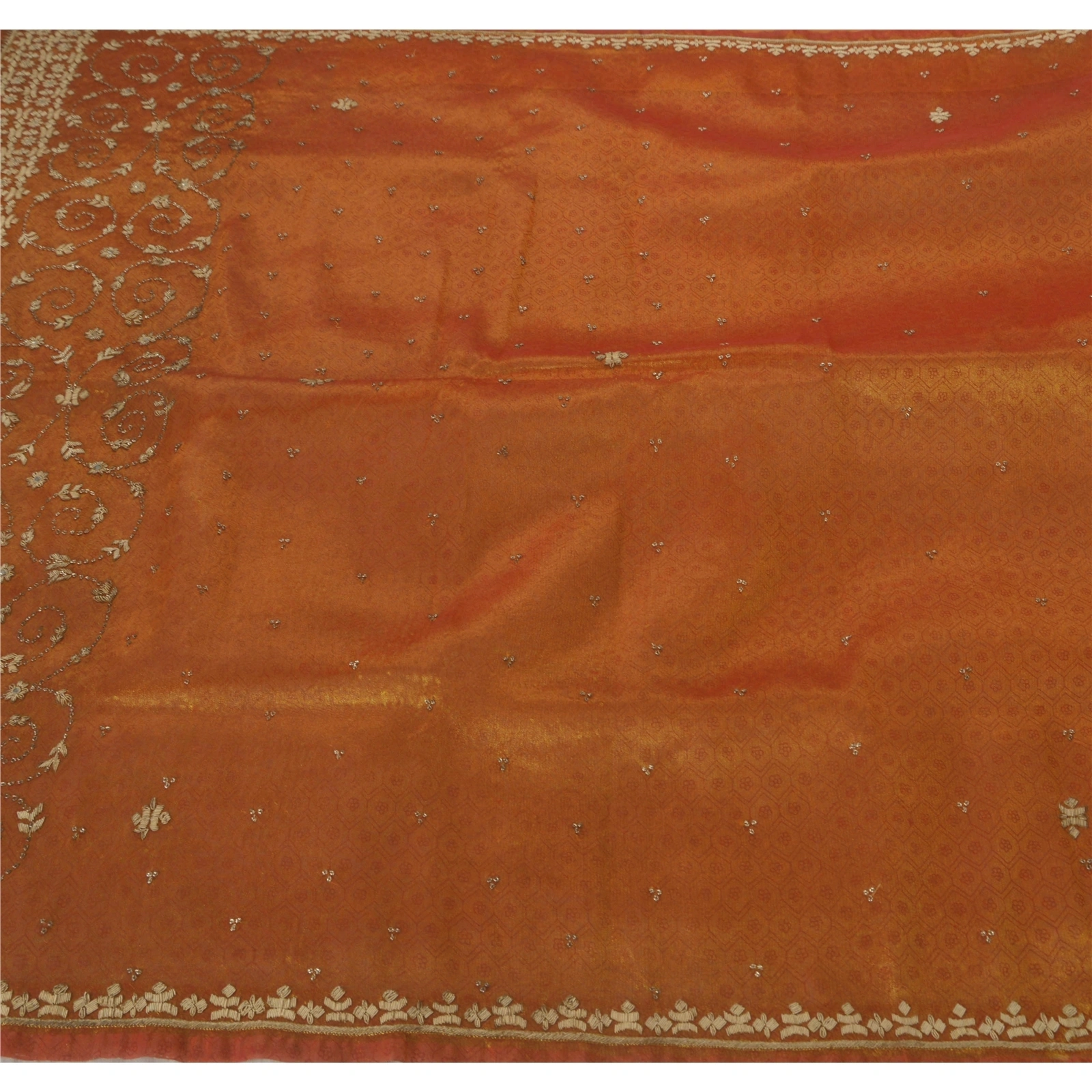 Sanskriti Vintage Brown Sarees Tissue Fabric Hand Beaded Woven Craft Ethnic Sari, PS-51824-Brown-Zardozi Work-Tissue-1