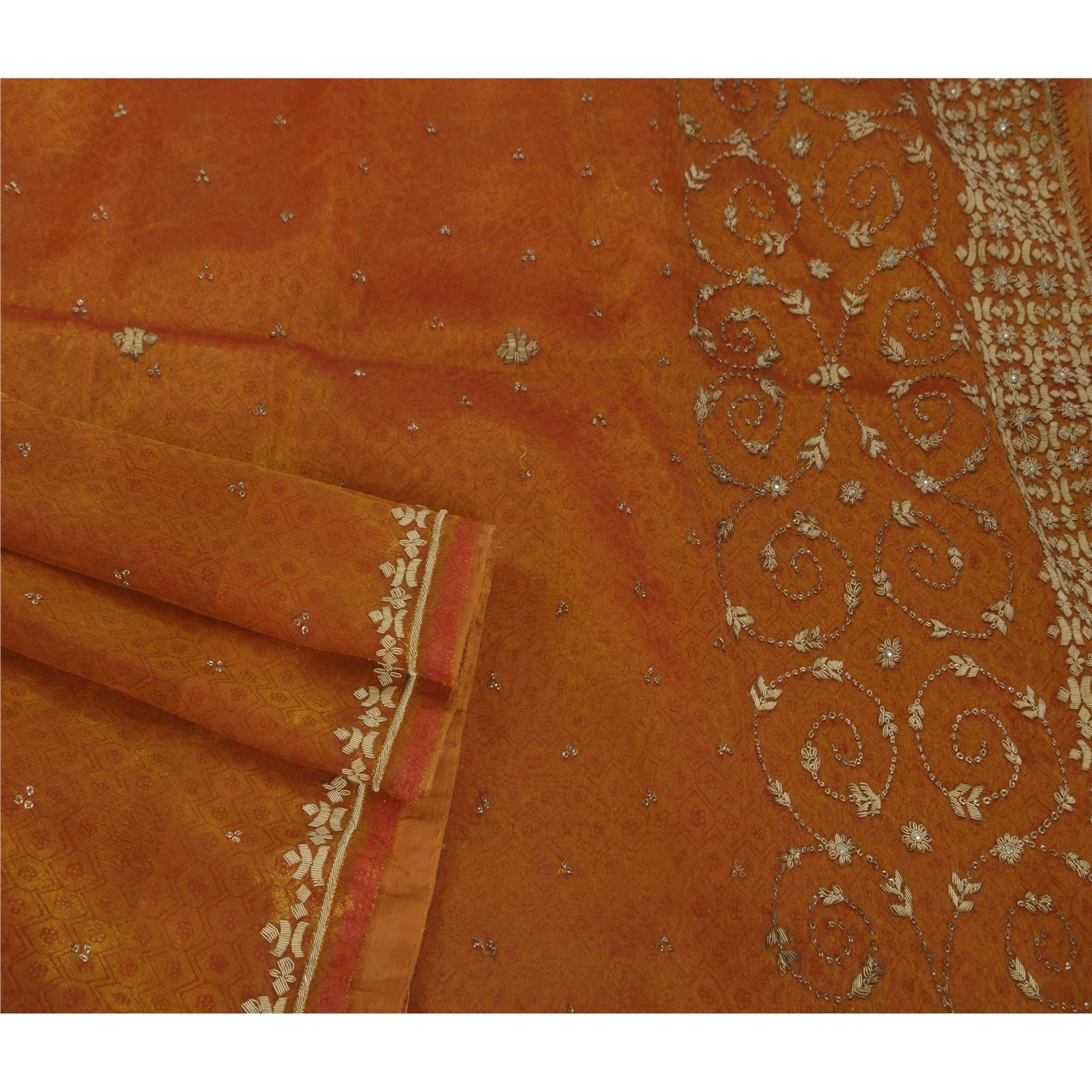 Sanskriti Vintage Brown Sarees Tissue Fabric Hand Beaded Woven Craft Ethnic Sari, PS-51824-Brown-Zardozi Work-Tissue-2