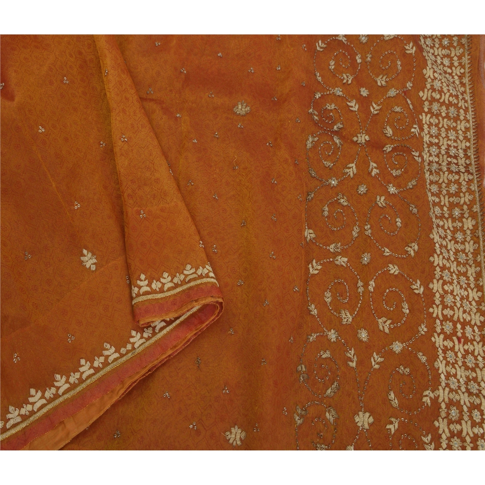 Sanskriti Vintage Brown Sarees Tissue Fabric Hand Beaded Woven Craft Ethnic Sari, PS-51824-Brown-Zardozi Work-Tissue-3