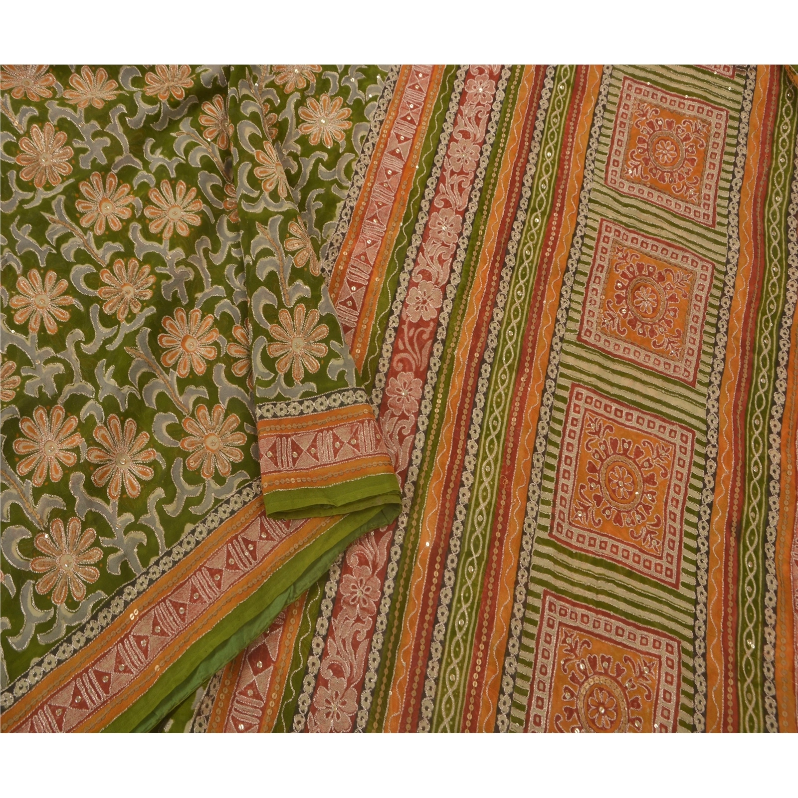 Sanskriti Vintage Green Sarees Pure Georgette Silk Hand Beaded Fabric Craft Sari, PS-51962-Green-Zari Work-100% Pure Georgette Silk-1