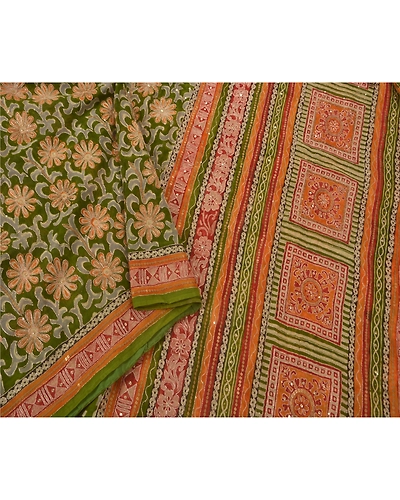 Sanskriti Vintage Green Sarees Pure Georgette Silk Hand Beaded Fabric Craft Sari, PS-51962-Green-Zari Work-100% Pure Georgette Silk-1