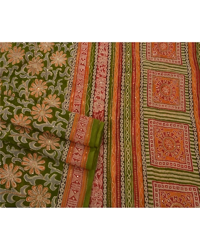 Sanskriti Vintage Green Sarees Pure Georgette Silk Hand Beaded Fabric Craft Sari, PS-51962-Green-Zari Work-100% Pure Georgette Silk-2