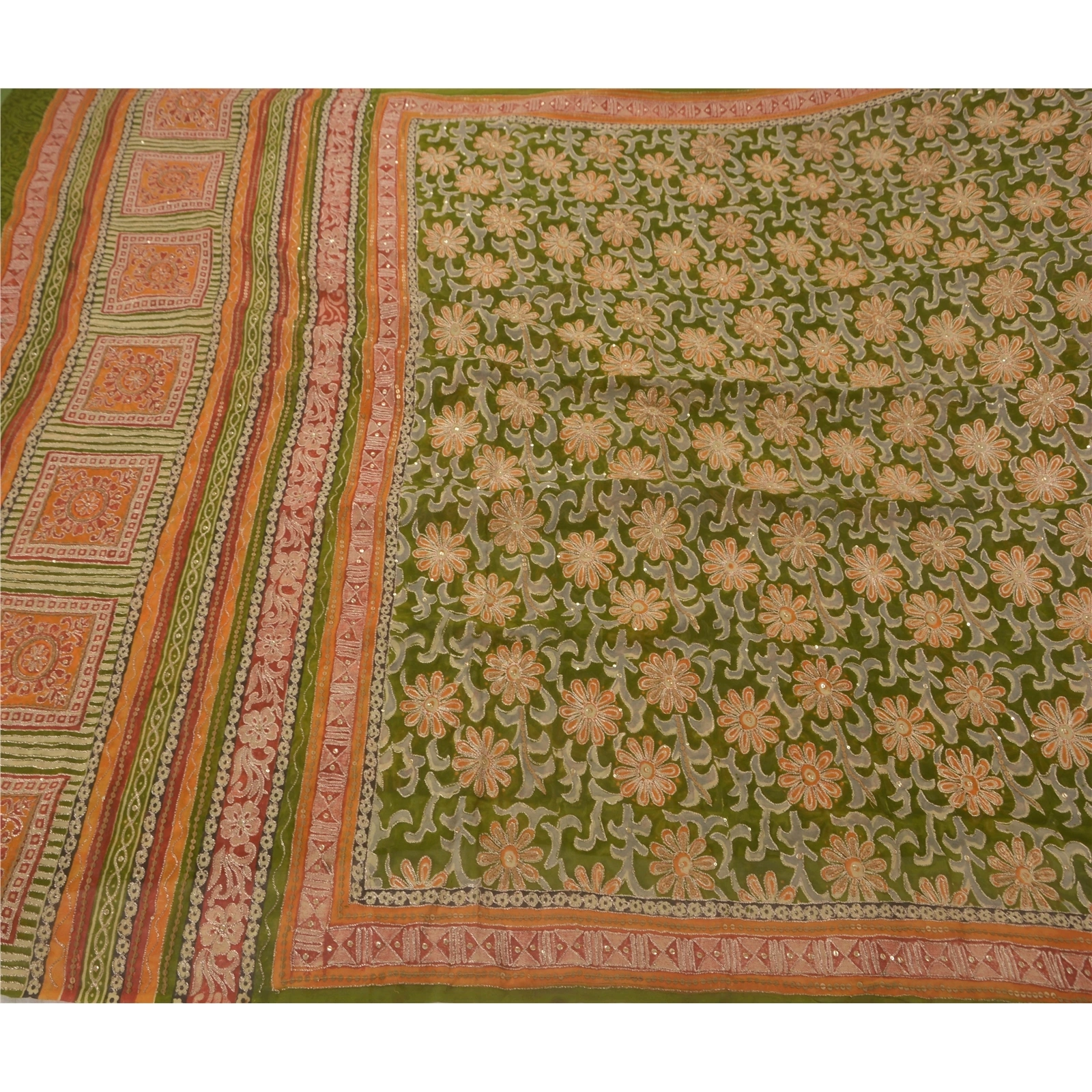 Sanskriti Vintage Green Sarees Pure Georgette Silk Hand Beaded Fabric Craft Sari, PS-51962-Green-Zari Work-100% Pure Georgette Silk-5