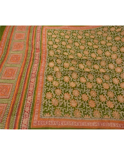Sanskriti Vintage Green Sarees Pure Georgette Silk Hand Beaded Fabric Craft Sari, PS-51962-Green-Zari Work-100% Pure Georgette Silk-5