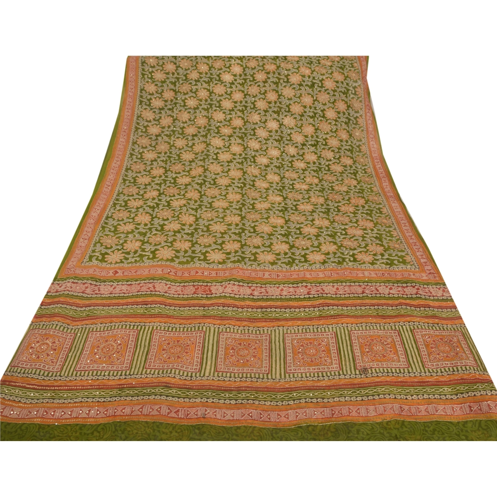 Sanskriti Vintage Green Sarees Pure Georgette Silk Hand Beaded Fabric Craft Sari, PS-51962-Green-Zari Work-100% Pure Georgette Silk-7