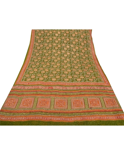 Sanskriti Vintage Green Sarees Pure Georgette Silk Hand Beaded Fabric Craft Sari, PS-51962-Green-Zari Work-100% Pure Georgette Silk-7