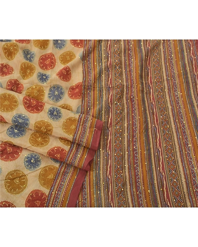 Sanskriti Vintage Cream Sarees Pure Crepe Silk Fabric Hand Embroider Kantha Sari, PS-51989-Cream-Thread Work-100% Pure Crepe Silk-2