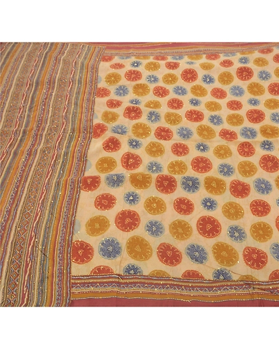 Sanskriti Vintage Cream Sarees Pure Crepe Silk Fabric Hand Embroider Kantha Sari, PS-51989-Cream-Thread Work-100% Pure Crepe Silk-5